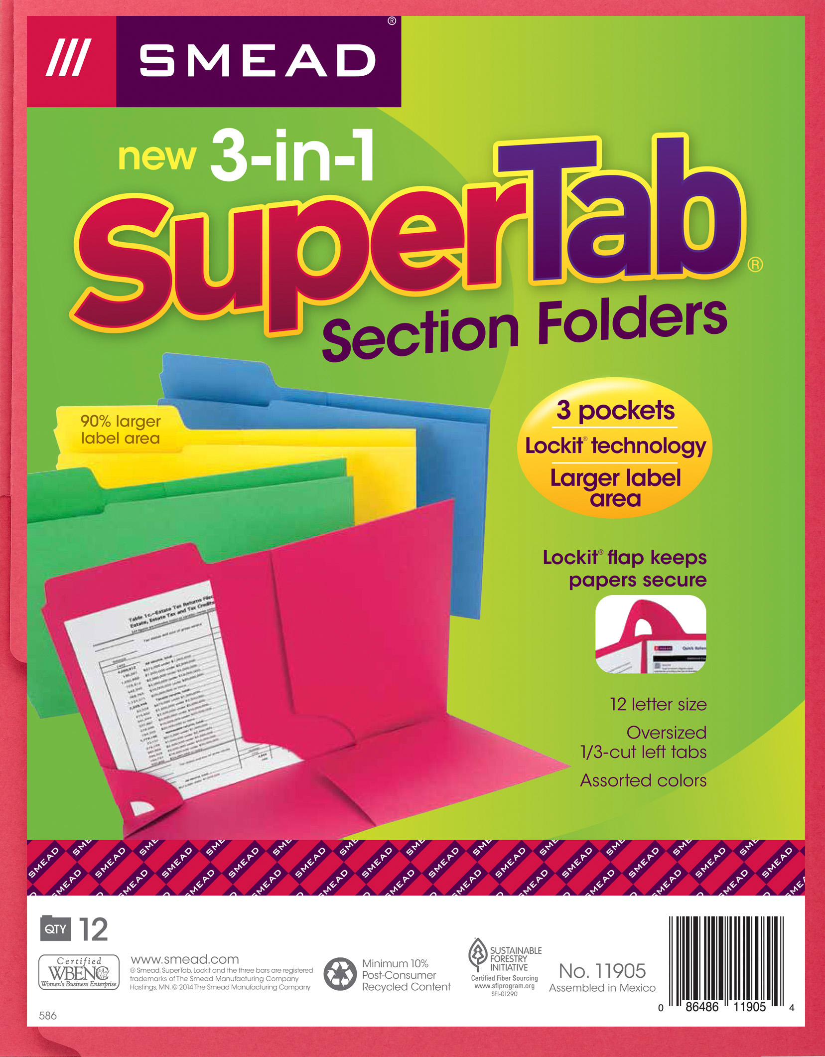 Smead 11905  3-in-1 SuperTab Section Folder, 1/3-Cut Oversized Tab, Letter Size, Assorted Colors, Carton of 120