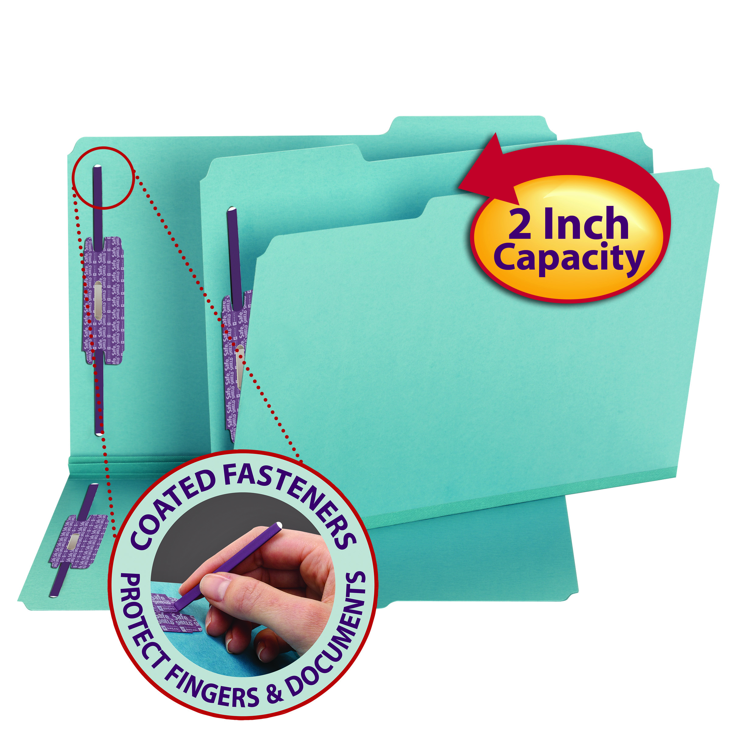Smead 19937  Pressboard File Folder with SafeSHIELD Fasteners, 2 Fasteners, 1/3-Cut Tab, 2" Expansion, Legal Size, Blue, 25 per Box (19937)