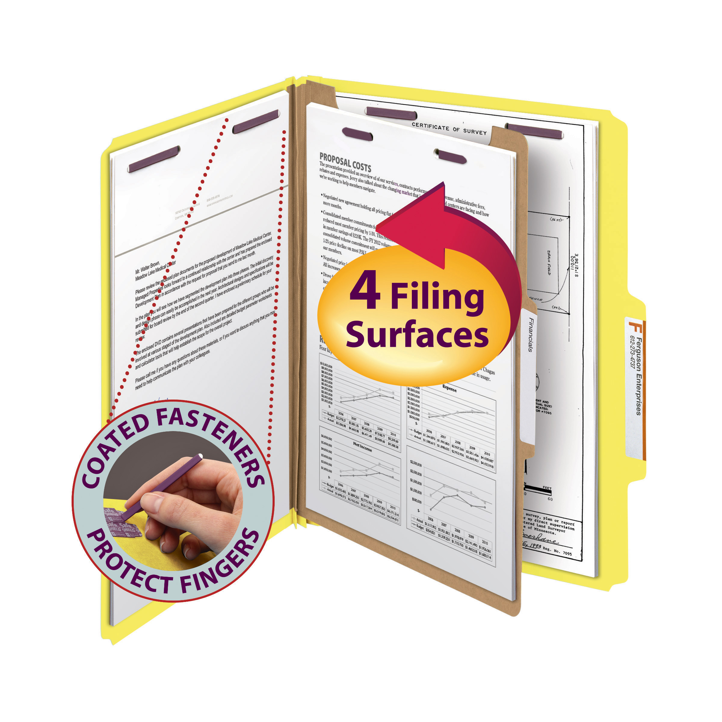 Smead 13734  Pressboard Classification Folder with SafeSHIELD Fasteners, 1 Divider, 2" Expansion, Letter Size, Yellow, 10 per Box (13734)