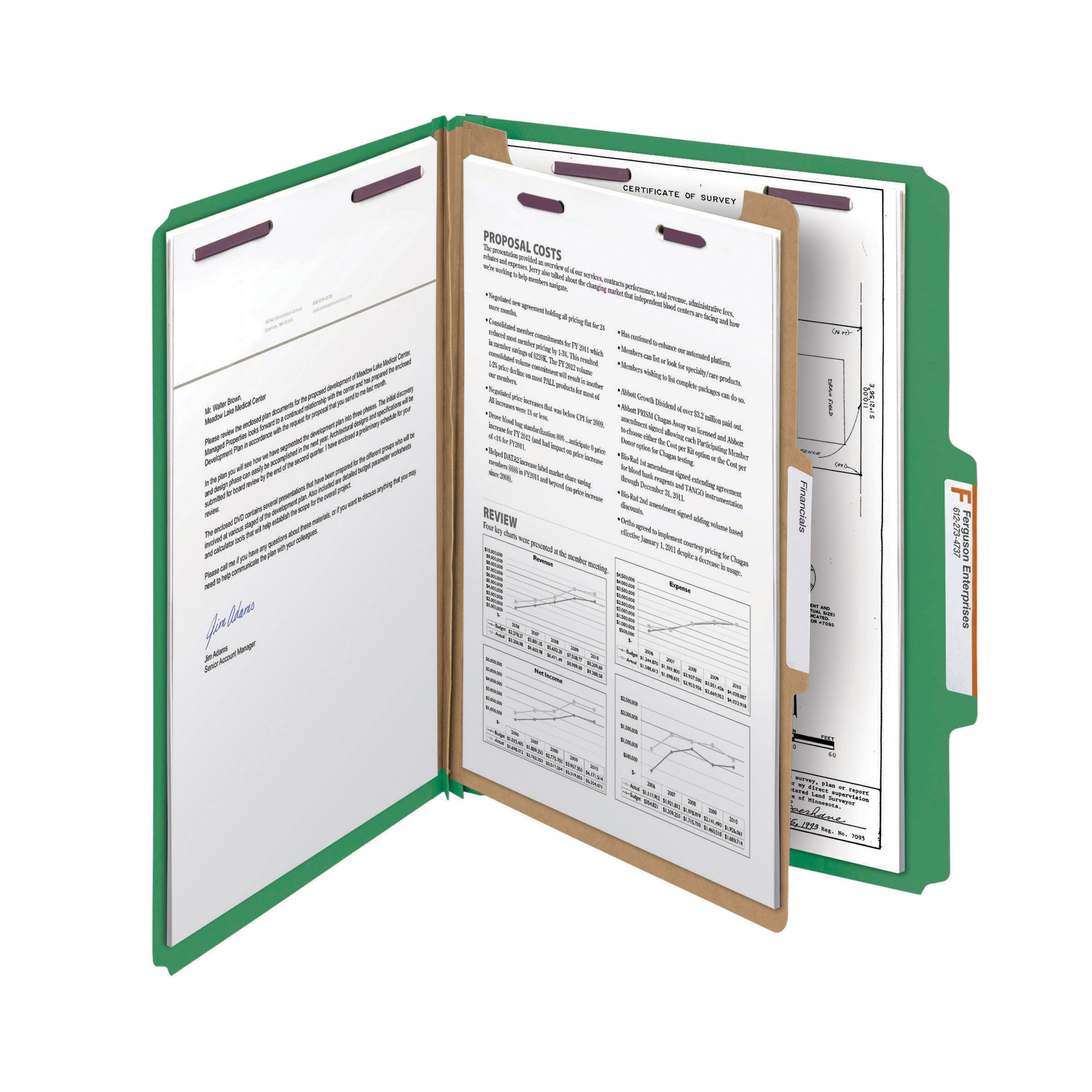 Smead 13733  Pressboard Classification File Folder with SafeSHIELD Fasteners, 1 Divider, 2" Expansion, Letter Size, Green, 10 per Box (13733)