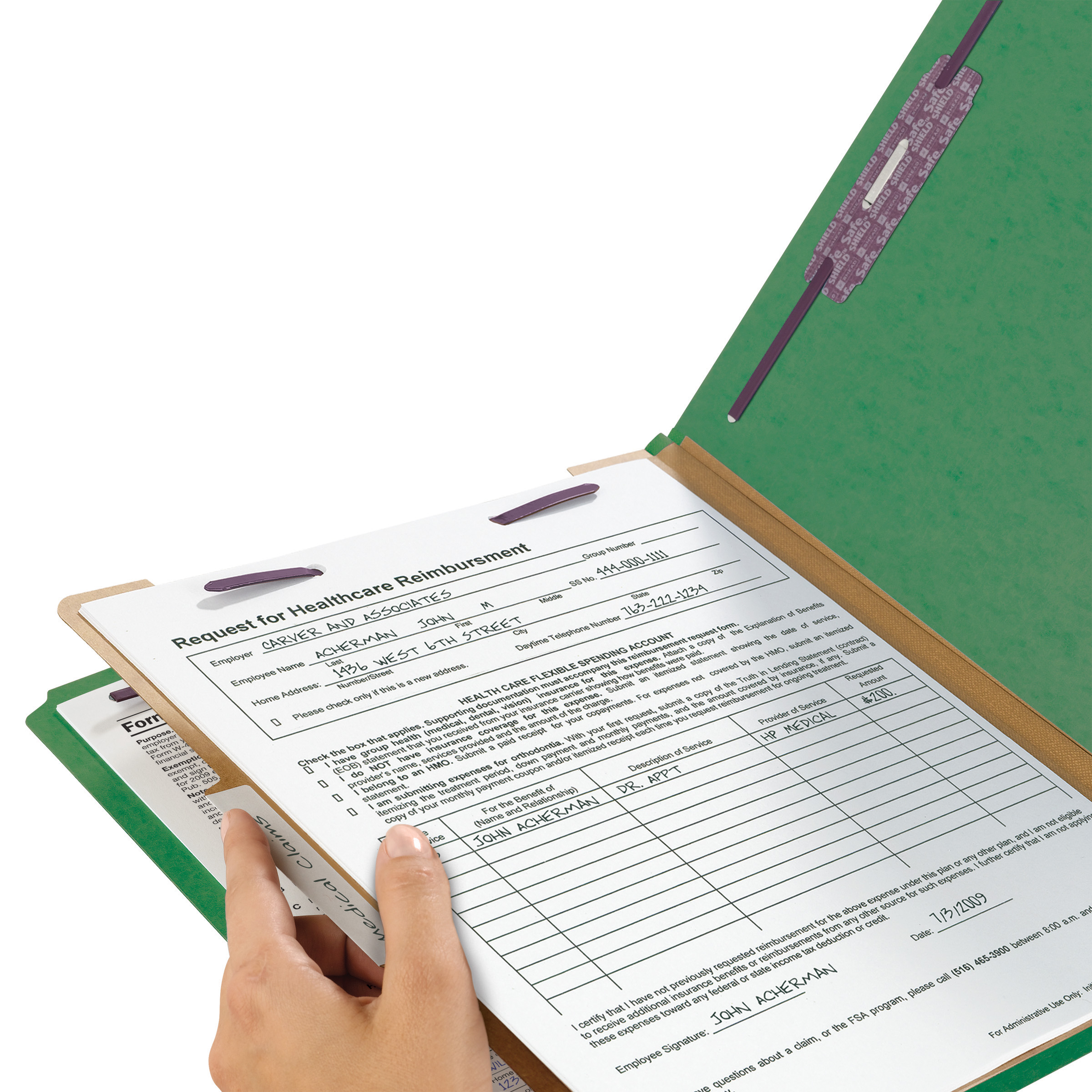 Smead 13733  Pressboard Classification File Folder with SafeSHIELD Fasteners, 1 Divider, 2" Expansion, Letter Size, Green, 10 per Box (13733)