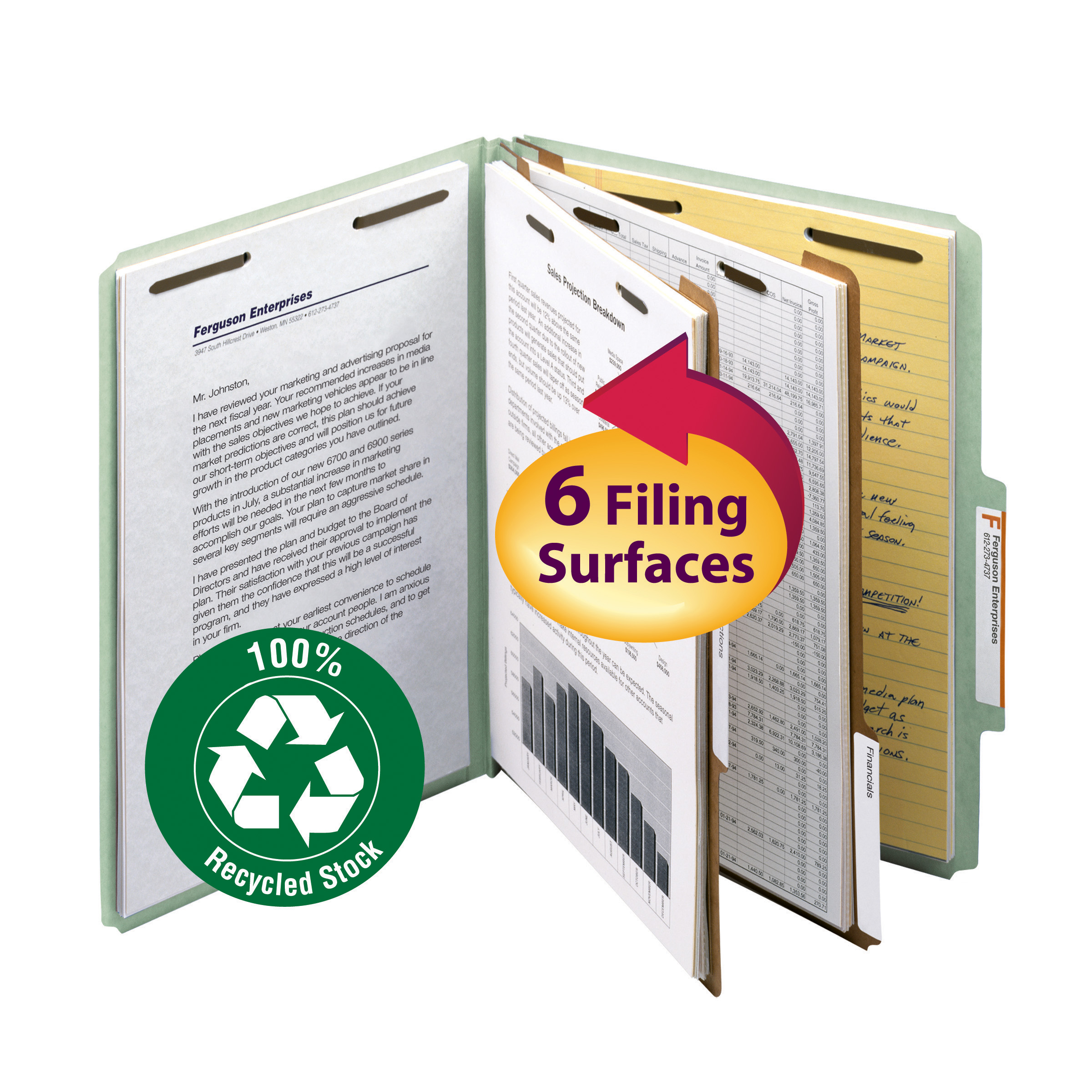 Smead 14023  100% Recycled Pressboard Classification File Folder, 2 Dividers, 2" Expansion, Letter Size, Gray/Green, 10 per Box (14023)