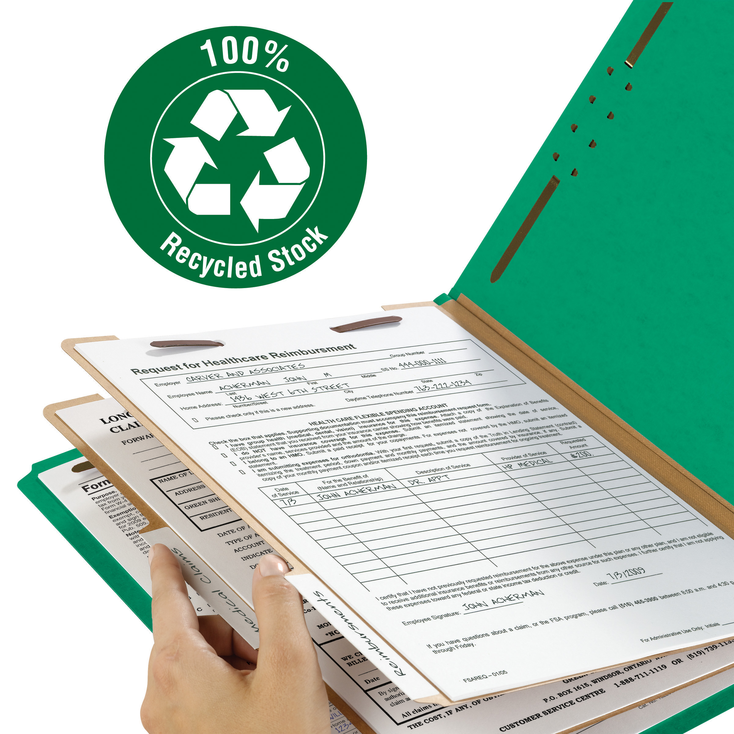 Smead 14063  100% Recycled Pressboard Classification Folder, 2 Dividers, 2" Expansion, Letter Size, Green,  50/Carton (14063)