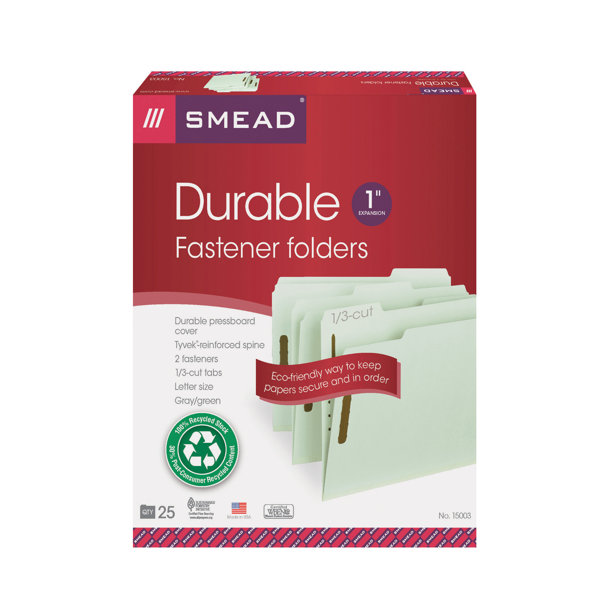 Smead 15003  100% Recycled Pressboard Fastener File Folder, 1/3-Cut Tab, 1" Expansion, Letter Size, Gray/Green, 25 per Box (15003)