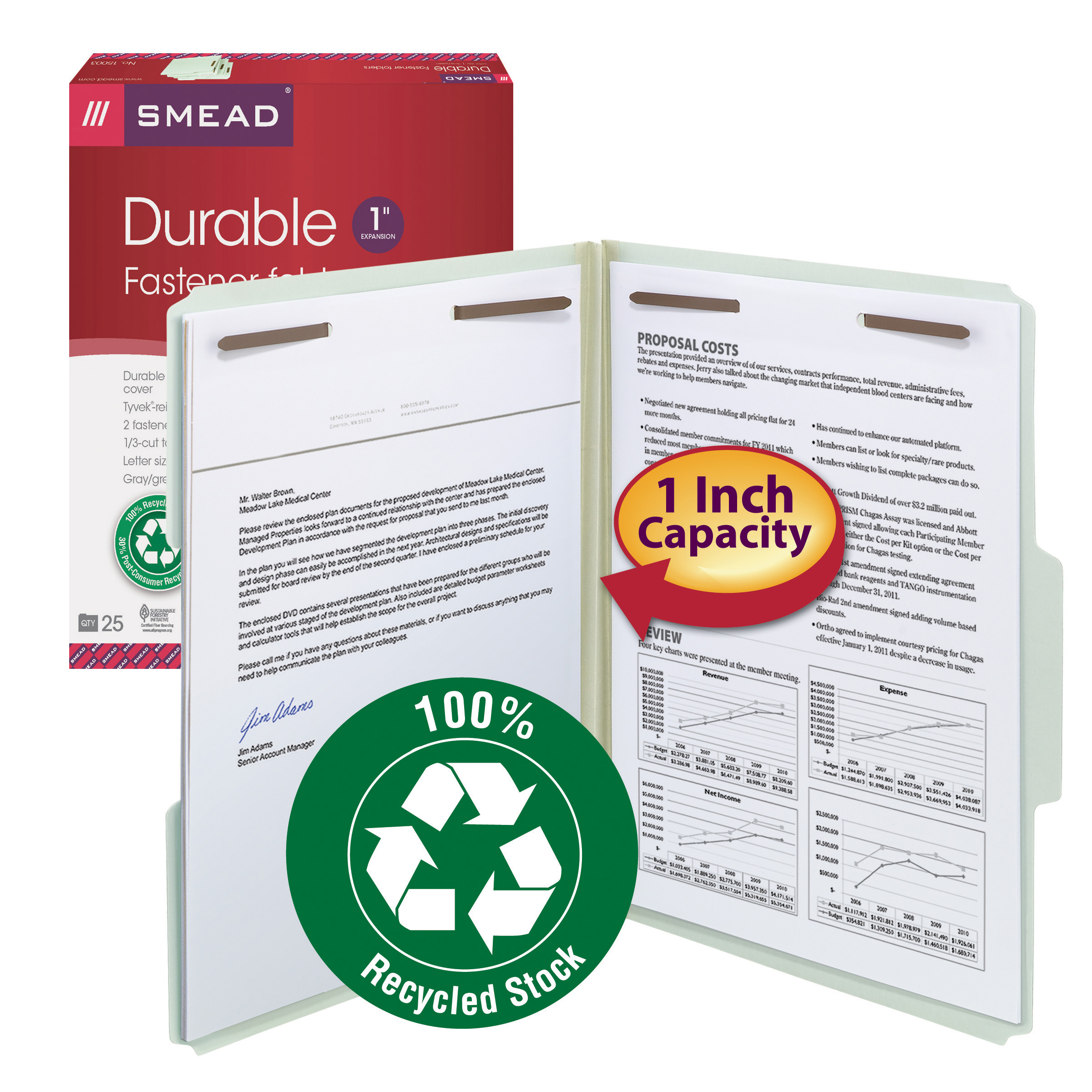 Smead 15003  100% Recycled Pressboard Fastener File Folder, 1/3-Cut Tab, 1" Expansion, Letter Size, Gray/Green, 25 per Box (15003)