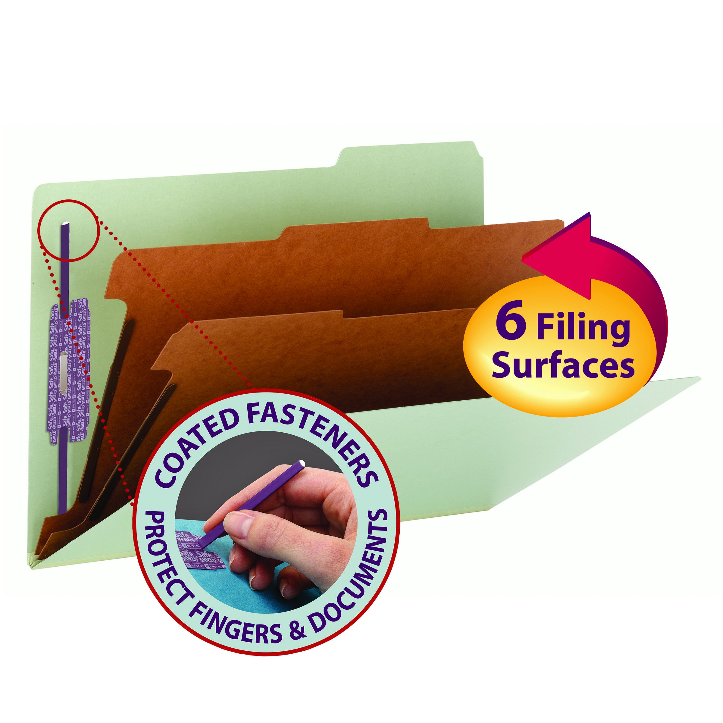 Smead 19215  Pressboard Classification File Folder with SafeSHIELD Fasteners, 2 Dividers, 2" Expansion, Legal Size, Gray/Green, 10 per Box (19215)