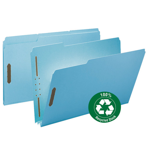 Smead 20001  100% Recycled Pressboard Fastener File Folder, 1/3-Cut Tab, 2" Expansion, Legal Size, Blue, 25 per Box (20001)