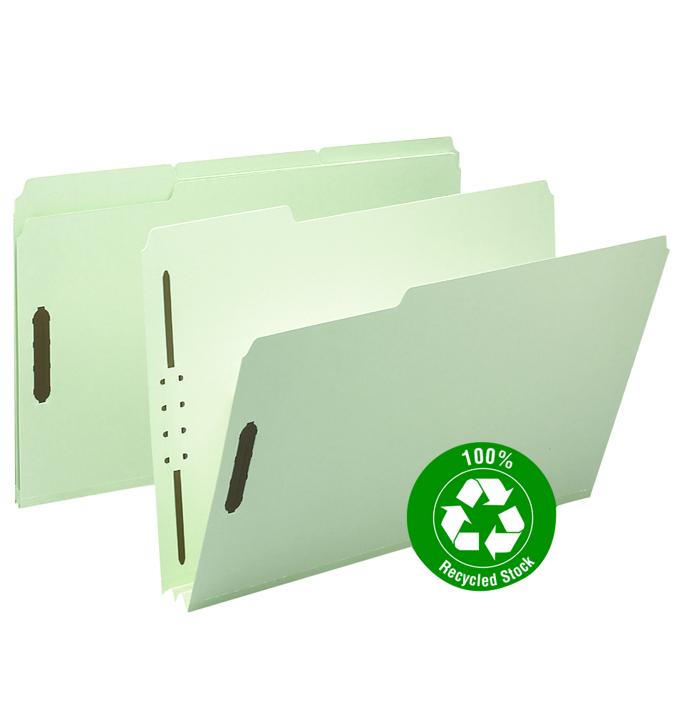 Smead 20004  100% Recycled Pressboard Fastener File Folder, 1/3-Cut Tab, 2" Expansion, Legal Size, Gray/Green, 25 per Box (20004)