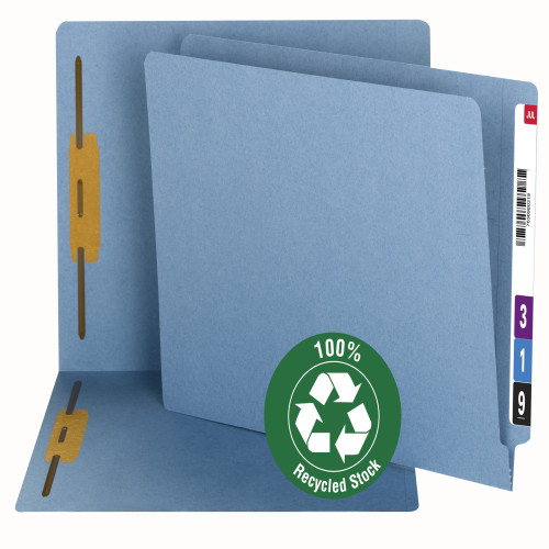 Smead 34170  100% Recycled End Tab Fastener File Folder, Letter Size, Reinforced Straight-Cut Tab, 2 Fasteners, Blue (34170) - 50/Box