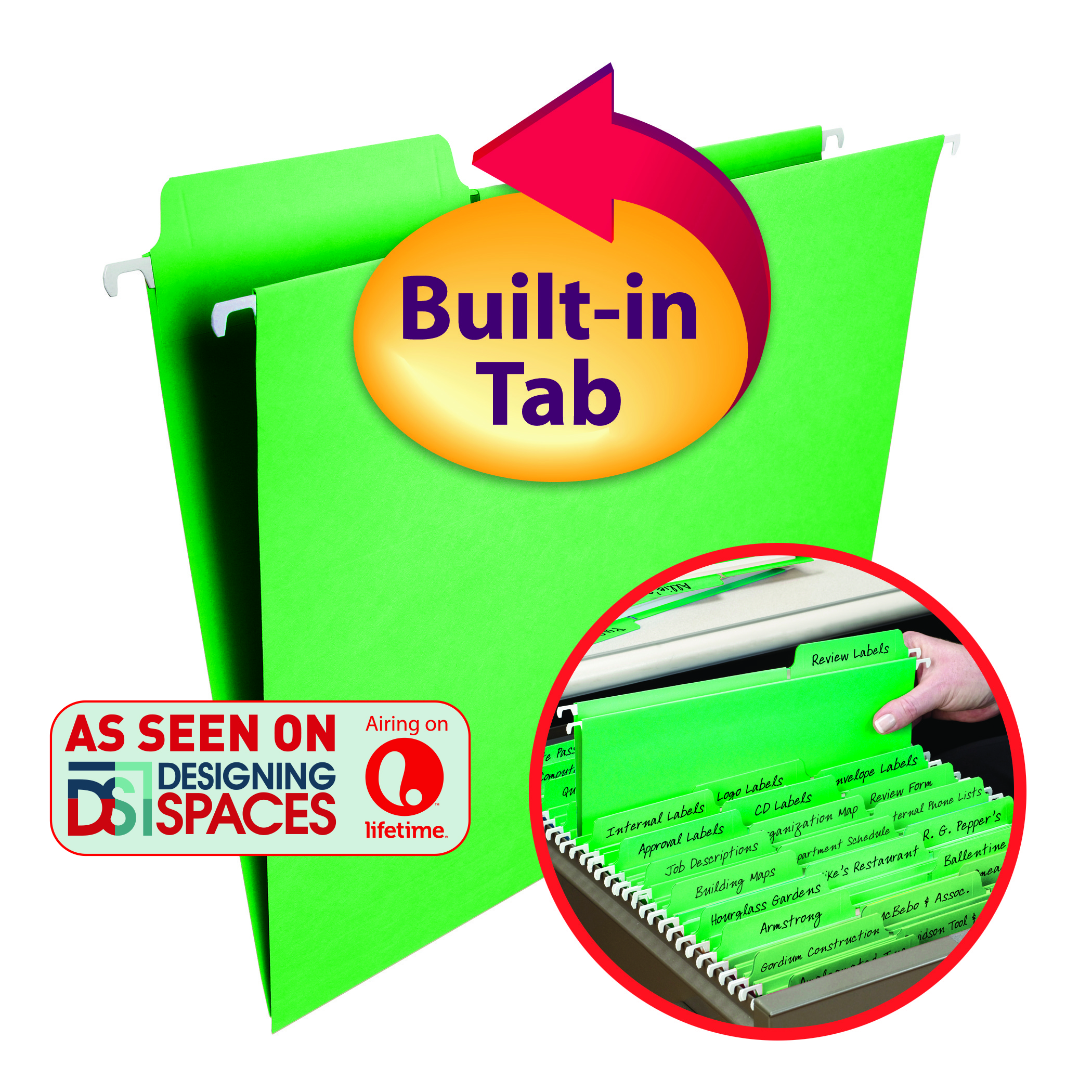 Smead 64098  FasTab Hanging File Folder, 1/3-Cut Built-In Tab, Letter Size, Green, 20 per Box (64098)