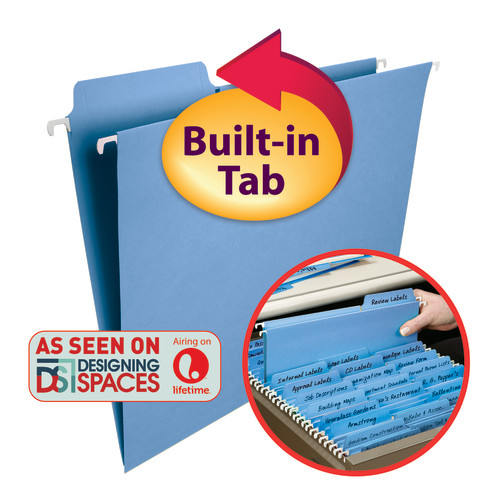 Smead 64099  FasTab Hanging File Folder, 1/3-Cut Built-In Tab, Letter Size, Blue, 20 per Box (64099)