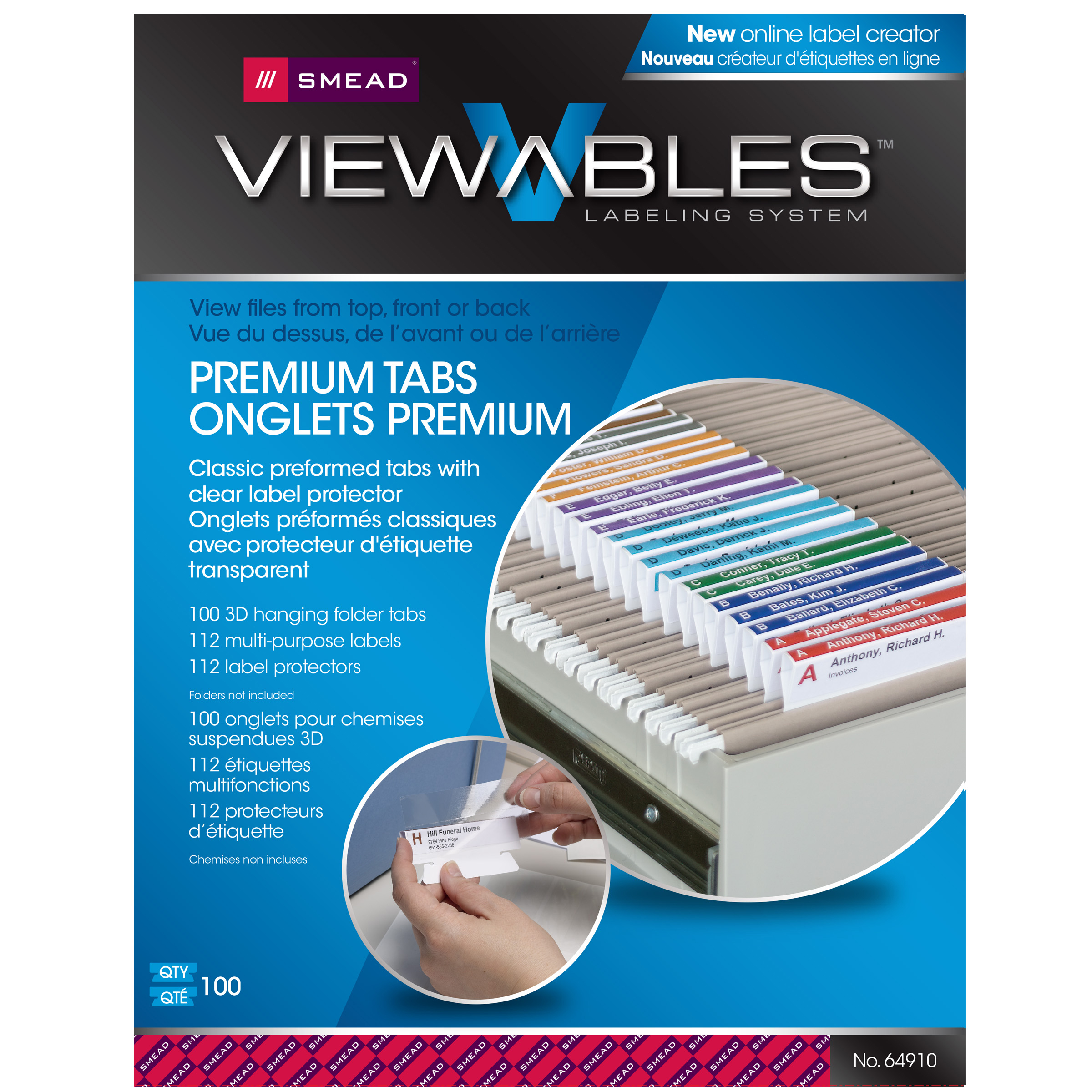 Smead 64910  Viewables Premium 3D Hanging Folder Tabs and Labels for Inkjet and Laser Printers - 100/Pack (64910)