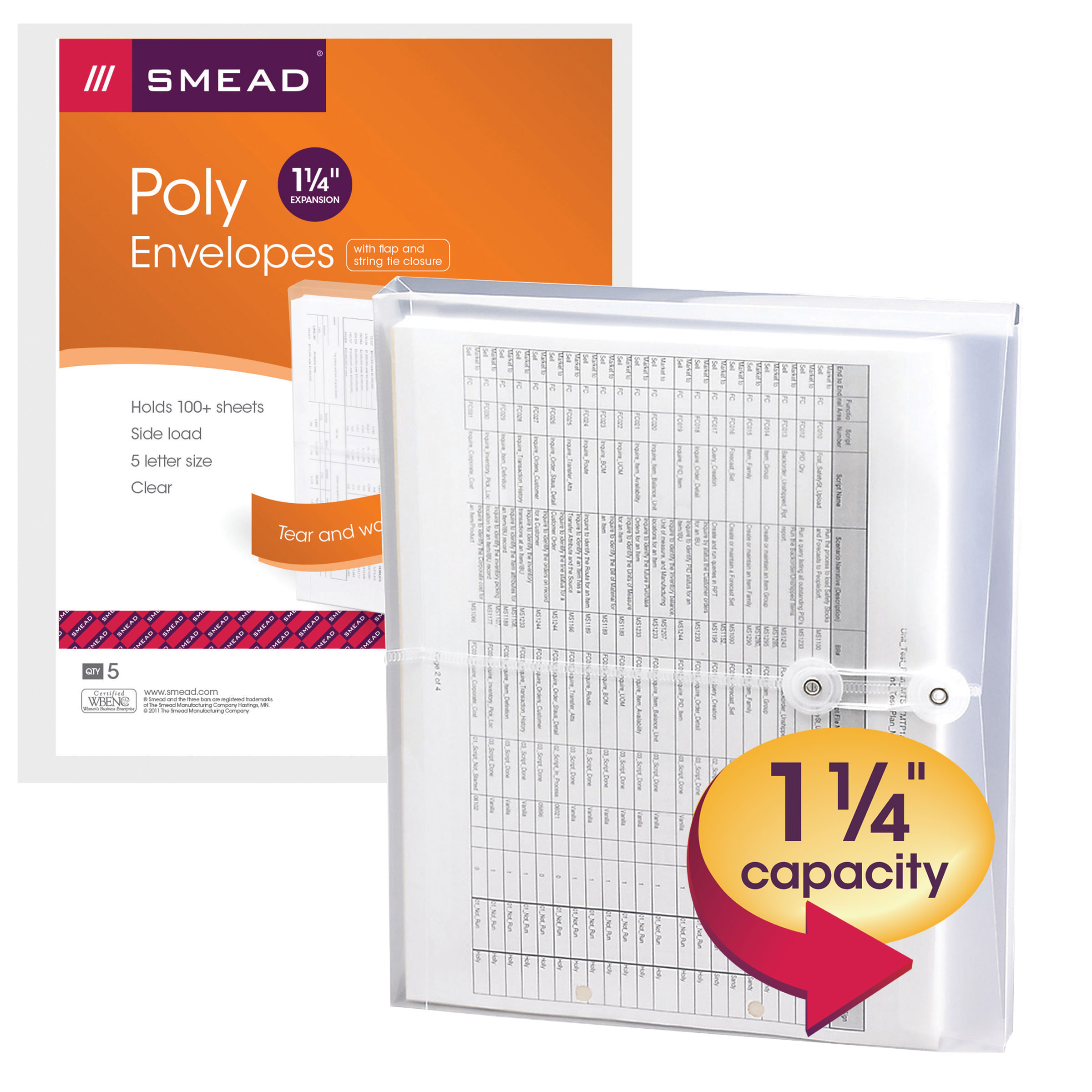 Smead 89521  Poly Envelope, 1-1/4" Expansion, String-Tie Closure, Side Load, Letter Size, Clear, Carton of 120