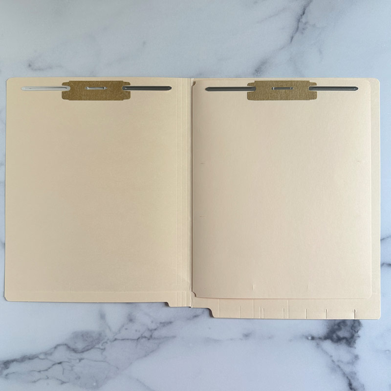 End Tab, 14Pt. Manila Colored Classification Folder, Full Cut End Tab, Letter Size With 1 Divider And 4 Fasteners - Interior View - FilingSuppliescom