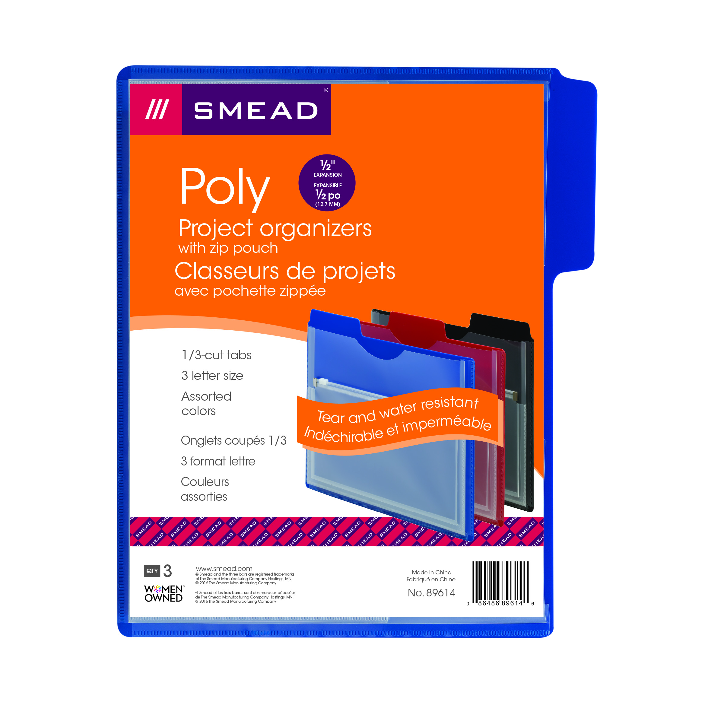 Smead 89614 Poly Project Organizer with Zip Pouch - 1/3 Cut Tab - Assorted Colors - Letter Size - Carton of 30