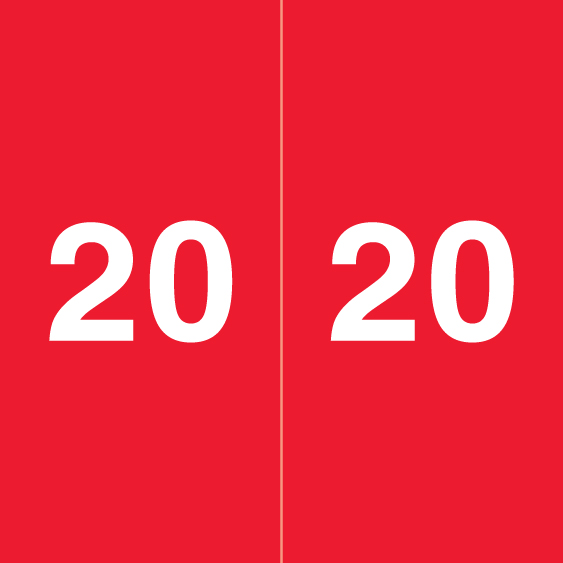 Ames Colorfile Yearband Label (Rolls of 500) - 2020 - Red - AEYM Series - Laminated - 1-7/8" H x 1-7/8" W