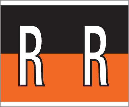 Tabbies 147-R - KARDEX PSF-147 COMPATIBLE ALPHA LABEL SERIES, 1-1/4" ALPHA LABELS 'R', BLACK/ORANGE, 1-1/2"H x 1-1/4"W, 500/ROLL