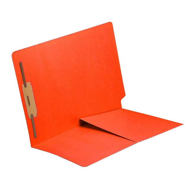 End Tab Folder with 1/2 Pocket Inside Front - 11 Pt. Colored Stock Available in 10 Colors -  Orange - 1 Fastener in Position #1 - Reinforced Tab - Letter Size - 50/Box