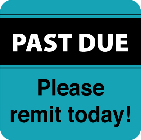 "PAST DUE, - Please remit today!" LABEL - TEAL BLUE -  1-1/2" X 1-1/2" - 250/BX