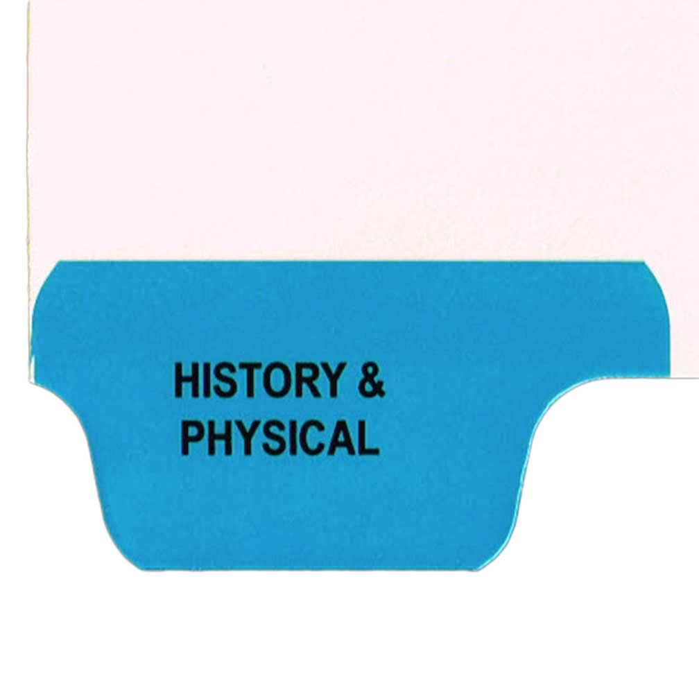 Bottom TAB  index divider -  HISTORY & PHYSICAL - Tab position 1 - Blue Mylar Tab - Letter Size - 125# manila stock. 25/Pack