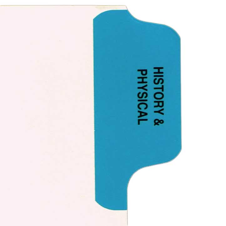Ivory letter size side tab index divider with position 1 tab printed HISTORY & PHYSICAL and mylared in medium blue. 125# manila stock, 25/Box