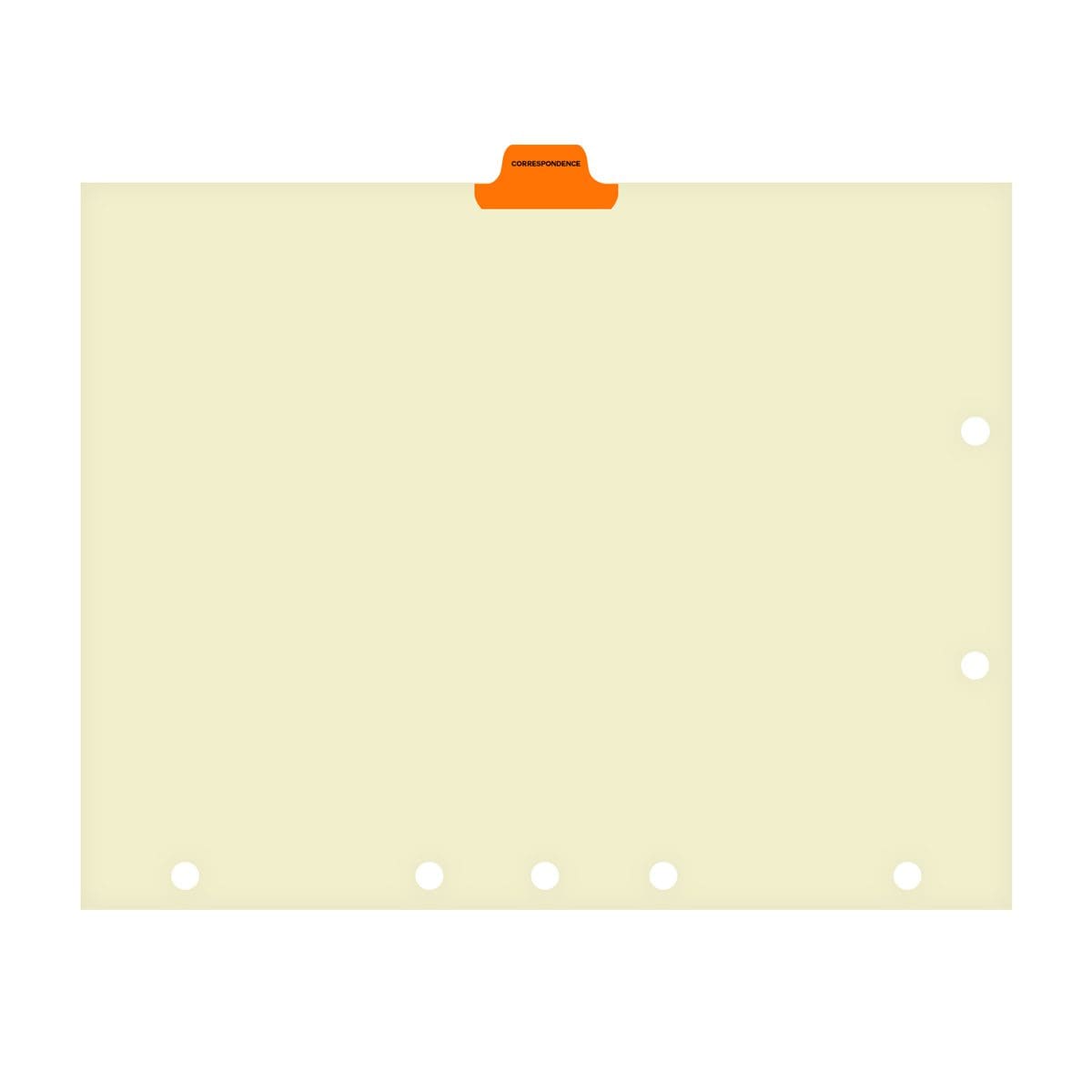 Ivory letter size side tab index divider with position 3 tab printed CORRESPONDENCE and mylared in orange. 125# manila stock. Packaged 25. (S-09210-8T-3)