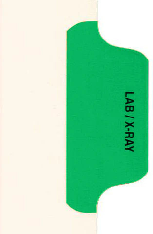Ivory letter size side tab index divider with position 4 tab printed LAB/X-RAY and mylared in medium green. 125# manila stock, 25/Box