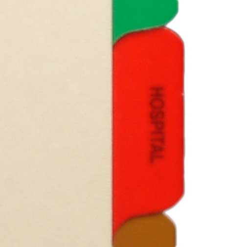 Ivory letter size side tab index divider with position 5 tab printed HOSPITAL and mylared in red. 125# manila stock, 25/Box