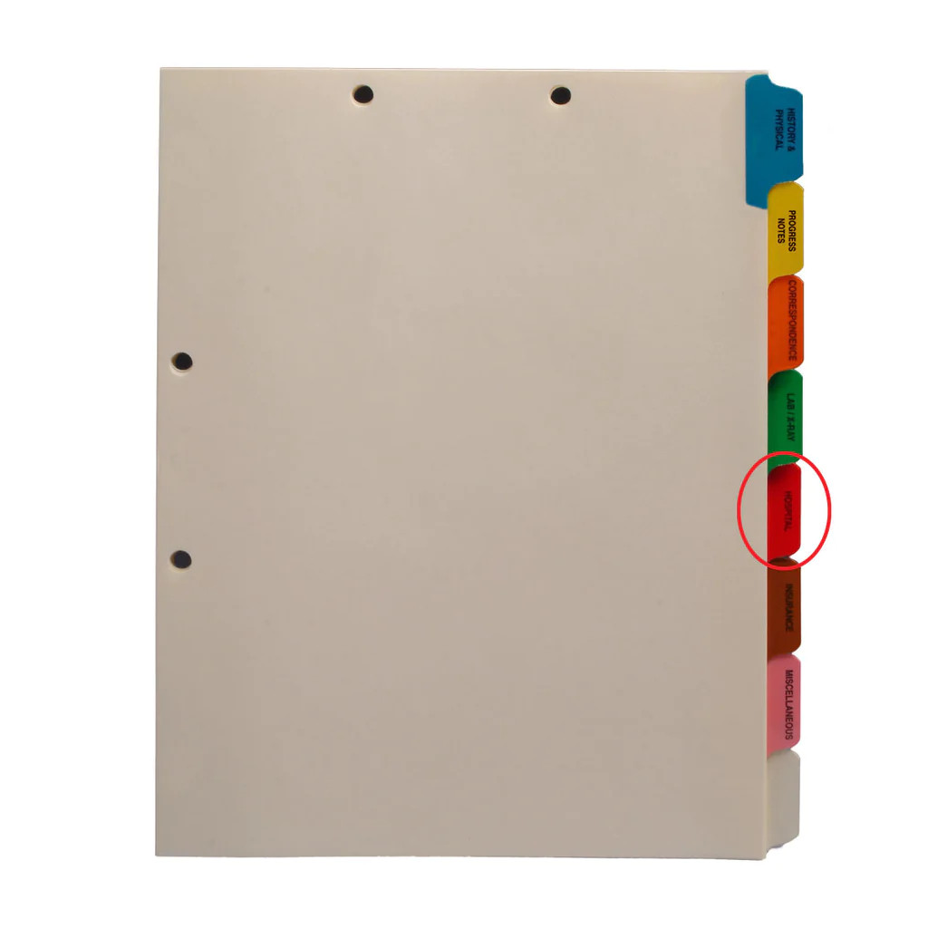 Ivory letter size side tab index divider with position 5 tab printed HOSPITAL and mylared in red. 125# manila stock, 25/Box
