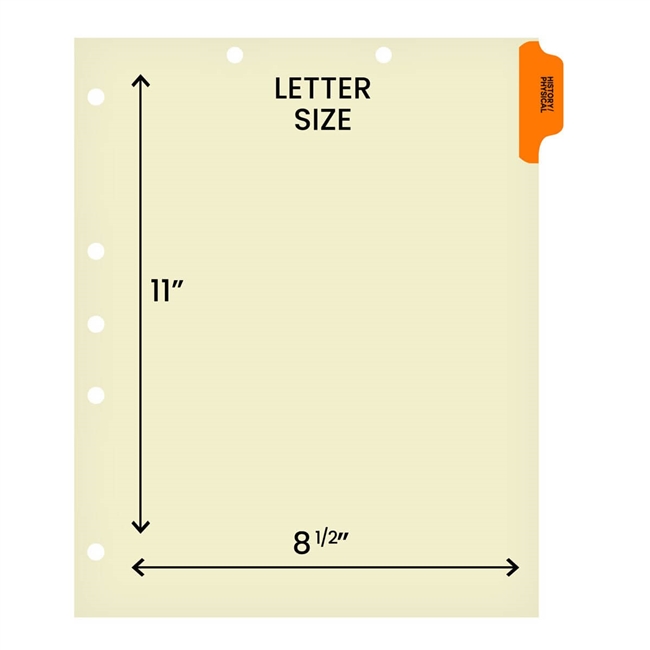 Ivory letter size side tab index divider with position 1 tab printed HISTORY/PHYSICAL and mylared in orange. 125# manila stock, 100/Box