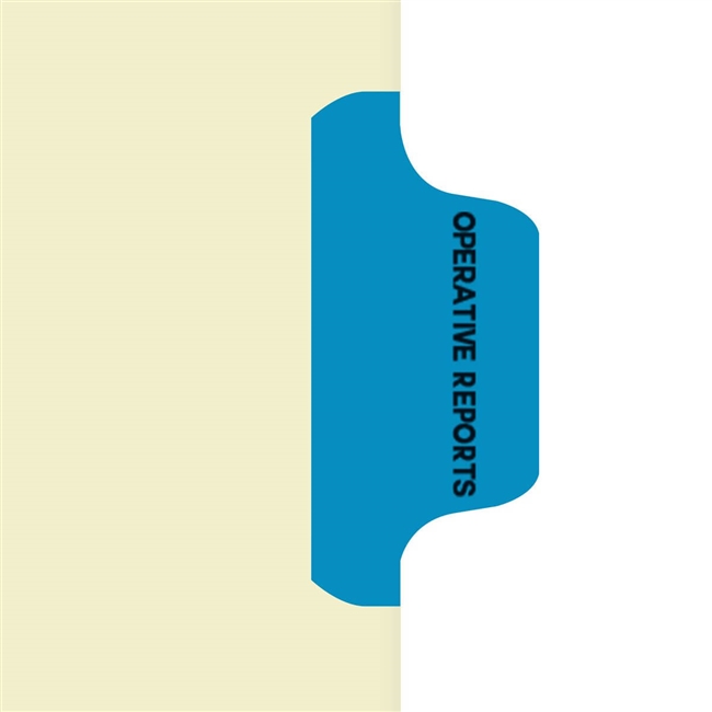 Ivory letter size side tab index divider with position 3 tab printed OPERATIVE REPORTS and mylared in medium blue. 125# manila stock, 100/Box