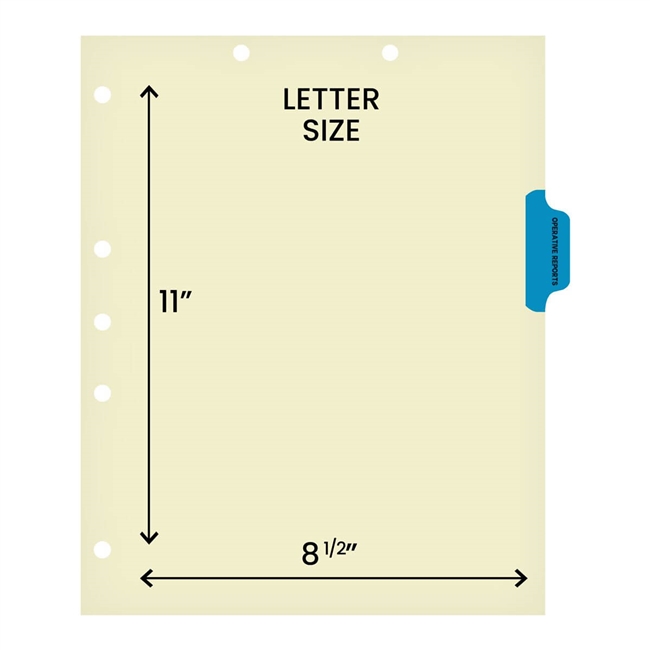 Ivory letter size side tab index divider with position 3 tab printed OPERATIVE REPORTS and mylared in medium blue. 125# manila stock, 100/Box