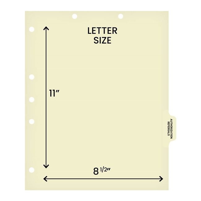 Ivory letter size side tab index divider with position 5 tab printed AUTHORIZATION REFERRALS and mylared in clear. 125# manila stock, 100/Box