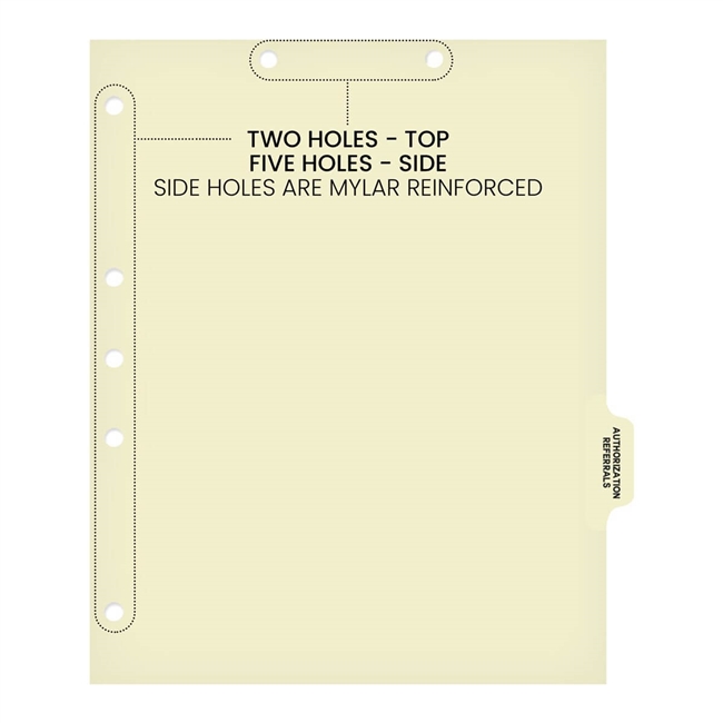 Ivory letter size side tab index divider with position 5 tab printed AUTHORIZATION REFERRALS and mylared in clear. 125# manila stock, 100/Box