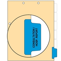 Ivory letter size side tab index divider with position 6 tab printed CONSULT/HOSPITAL REPORTS and mylared in medium blue. 125# manila stock, 100/Box