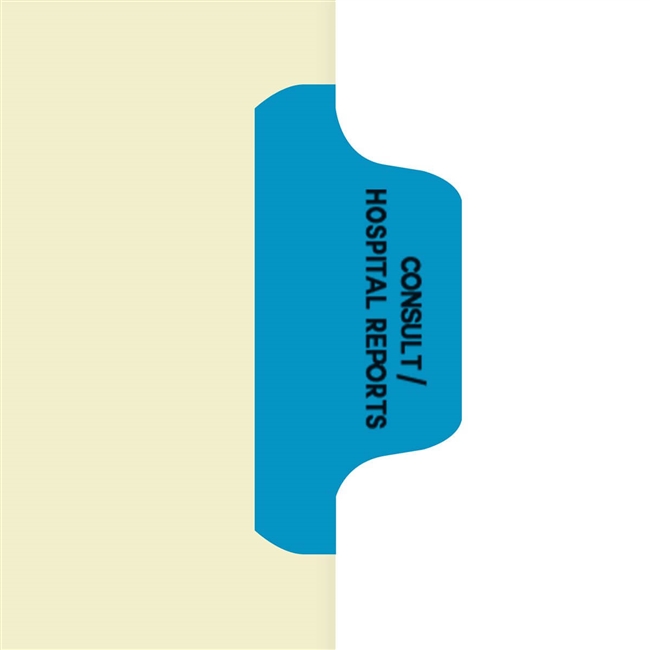 Ivory letter size side tab index divider with position 6 tab printed CONSULT/HOSPITAL REPORTS and mylared in medium blue. 125# manila stock, 100/Box