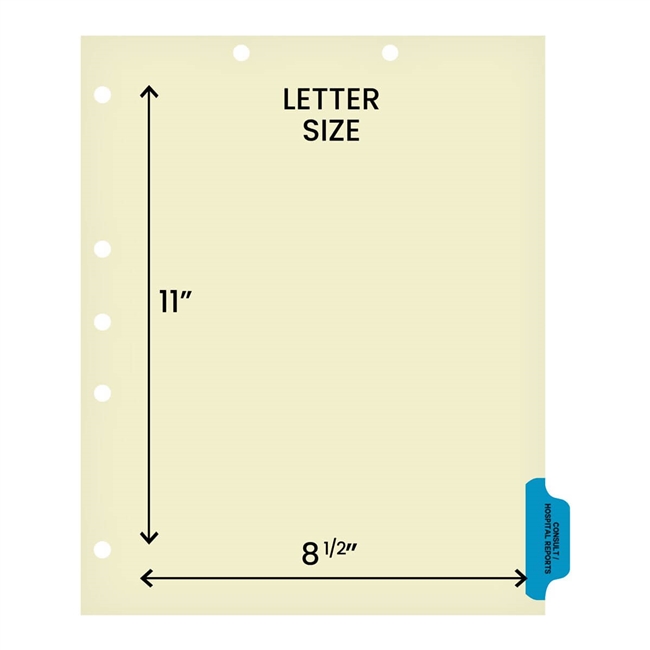 Ivory letter size side tab index divider with position 6 tab printed CONSULT/HOSPITAL REPORTS and mylared in medium blue. 125# manila stock, 100/Box