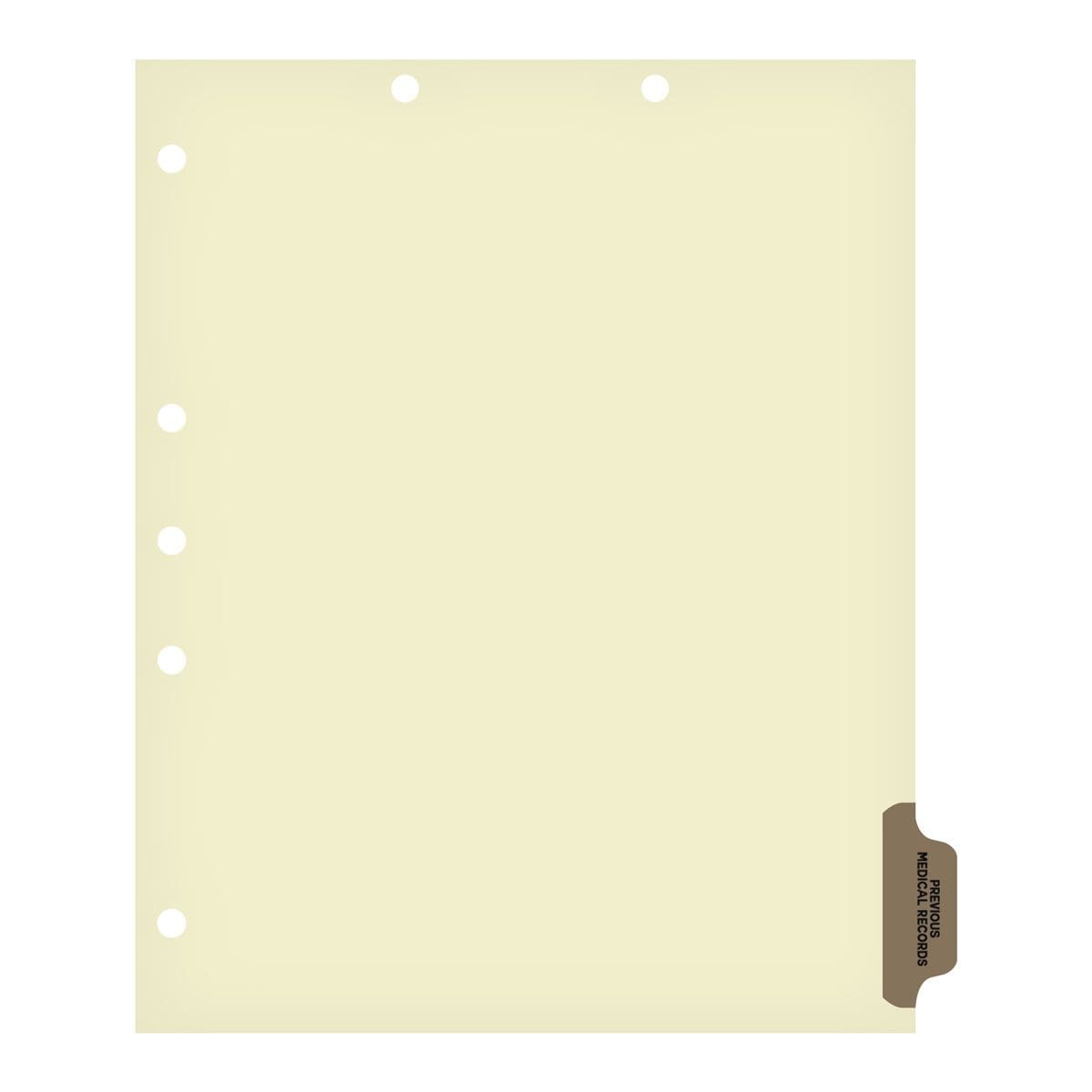 Ivory letter size side tab index divider with position 6 tab printed PREVIOUS MEDICAL RECORDS and mylared in gray. 125# manila stock, 100/Box