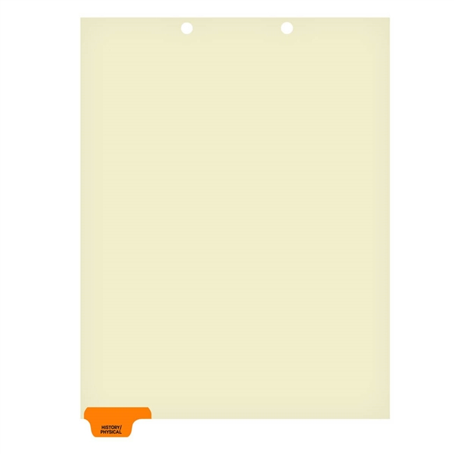 Ivory letter size end tab index divider with position 1 tab printed HISTORY/PHYSICAL and mylared in orange. 125# manila stock, 100/Box
