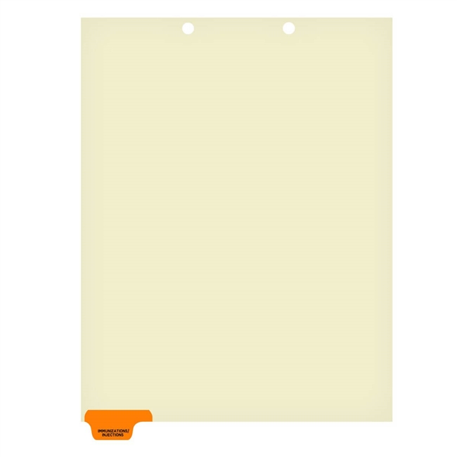 Ivory letter size end tab index divider with position 1 tab printed IMMUNIZATIONS/INJECTIONS and mylared in orange. 125# manila stock, 100/Box