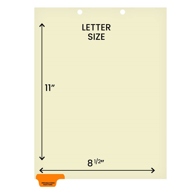Ivory letter size end tab index divider with position 1 tab printed IMMUNIZATIONS/INJECTIONS and mylared in orange. 125# manila stock, 100/Box