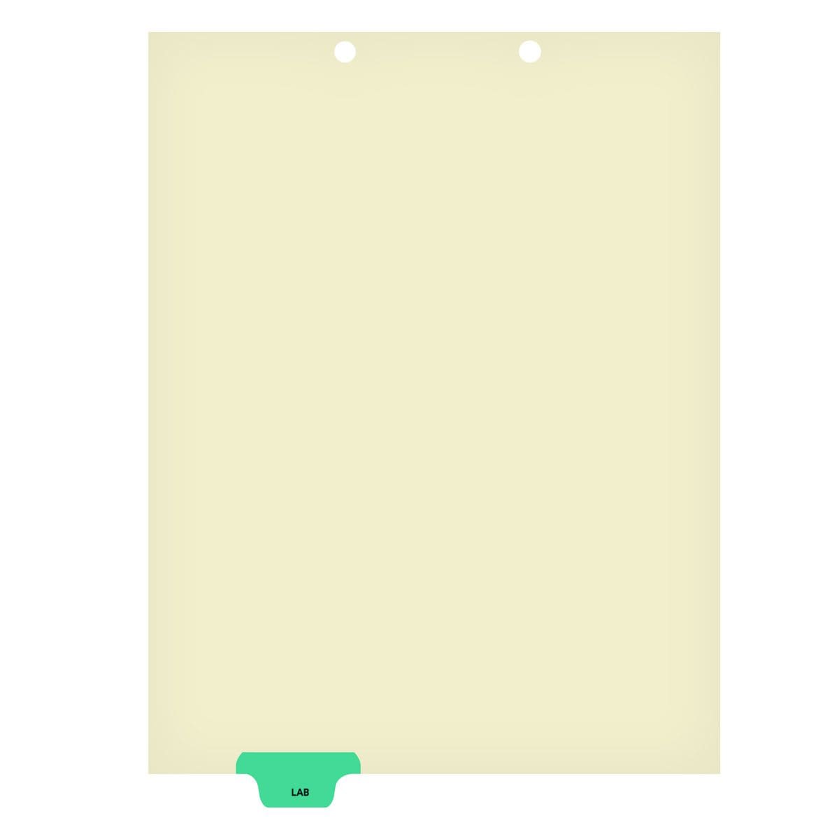 Ivory letter size end tab index divider with position 2 tab printed "LAB" and mylared in Light Green. 125# manila stock. 100/Pack