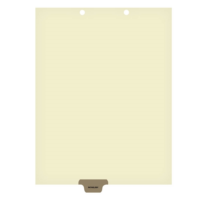 Ivory letter size end tab index divider with position 4 tab printed PATHOLOGY and mylared in brown. 125# manila stock, 100/Box