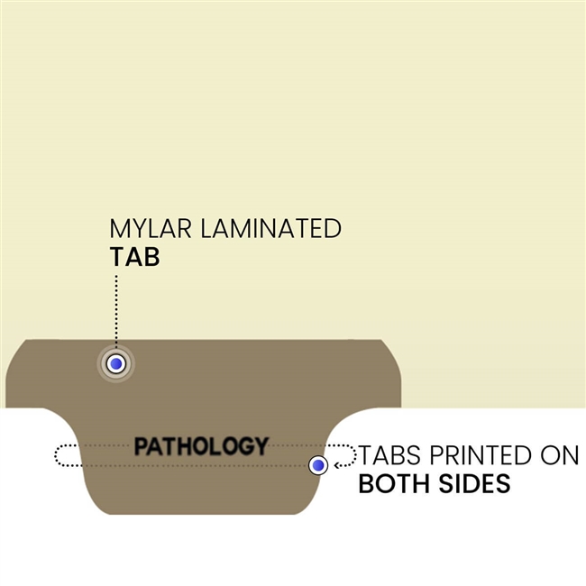 Ivory letter size end tab index divider with position 4 tab printed PATHOLOGY and mylared in brown. 125# manila stock, 100/Box