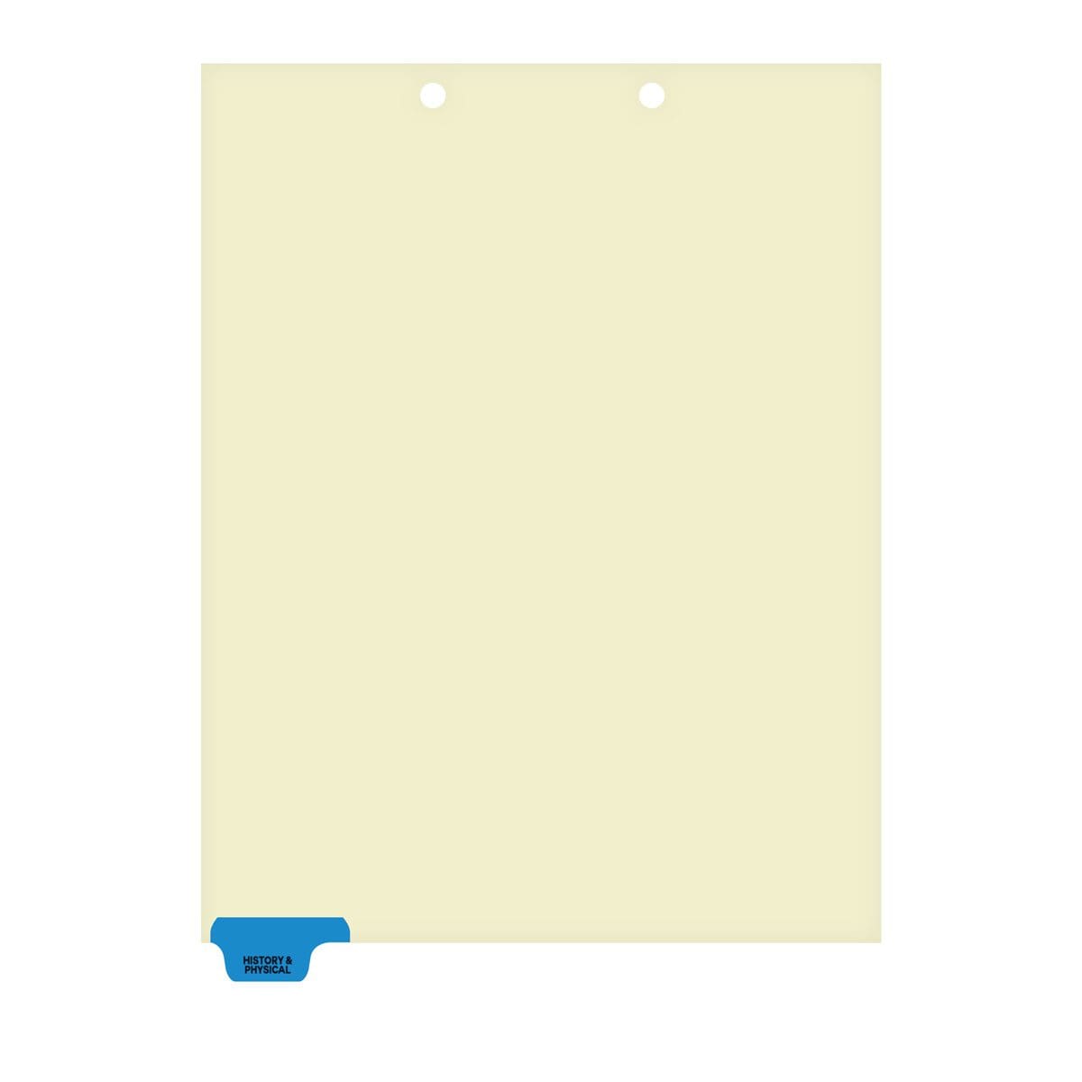 Ivory letter size end tab 1/6 cut index divider with position 1 tab printed HISTORY AND PHYSICAL and mylared in Medium Blue. 125# manila stock, 25/Box