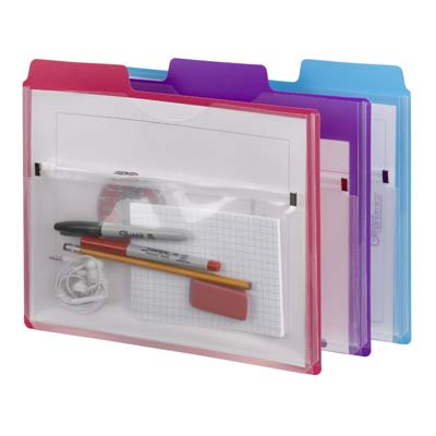 Poly Project Organizer with Zip Pouch -  1/3- Cut Tabs , Letter Size 11-3/4" W x 10" H -, Assorted Colors, 30 Per Carton (89617)