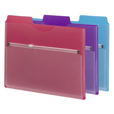 Poly Project Organizer with Zip Pouch -  1/3- Cut Tabs , Letter Size 11-3/4" W x 10" H -, Assorted Colors, 30 Per Carton (89617)
