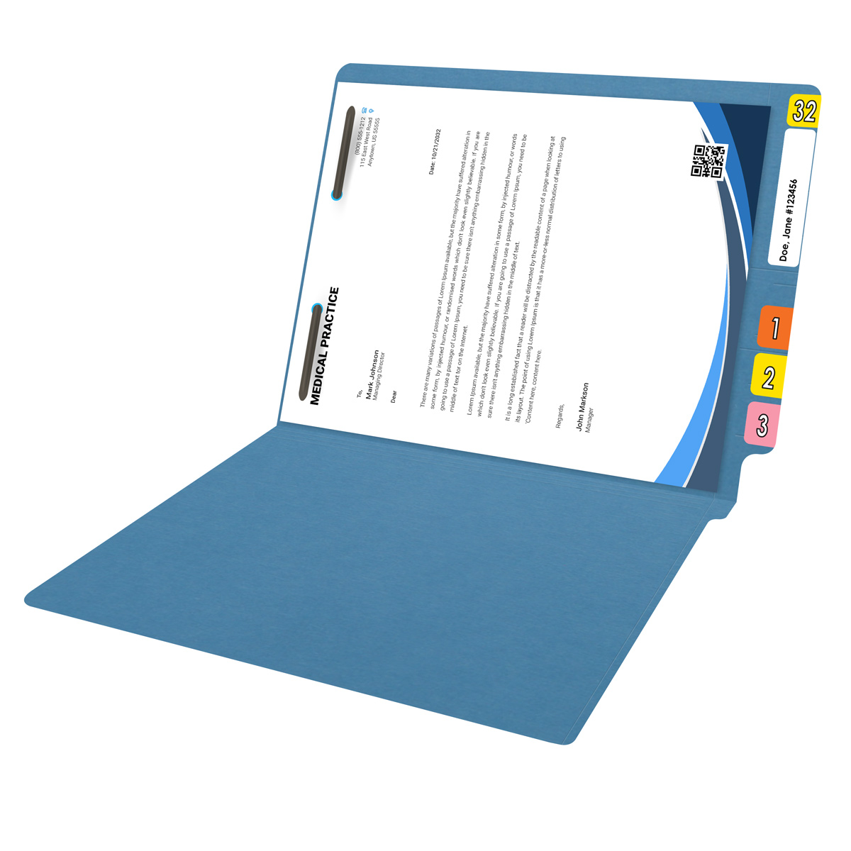 BLUE End Tab Folder - Letter Size - Fastener in Position 1 - Full Cut 2-Ply Tab - 11 Pt. Stock - 50/Box