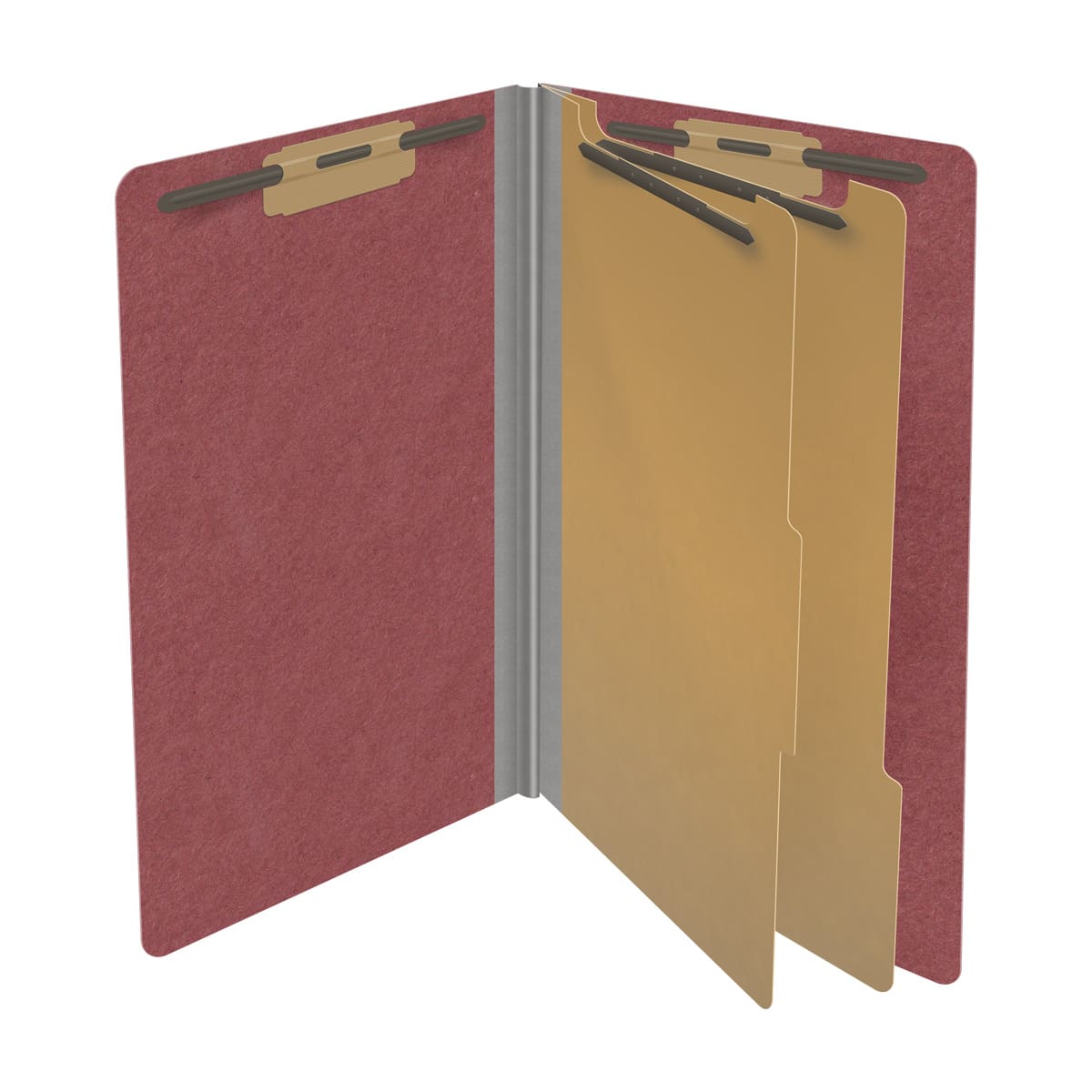 Dark Red Legal Size End Tab Two Divider Classification Folder with 2" Russet Brown Tyvek Expansion and 2" Fasteners in Positions 1 & 3 and 1" Duo Fasteners in Dividers - 25PT. Type 3 Pressboard - 10/Box (DV-S52-26-3ARD)