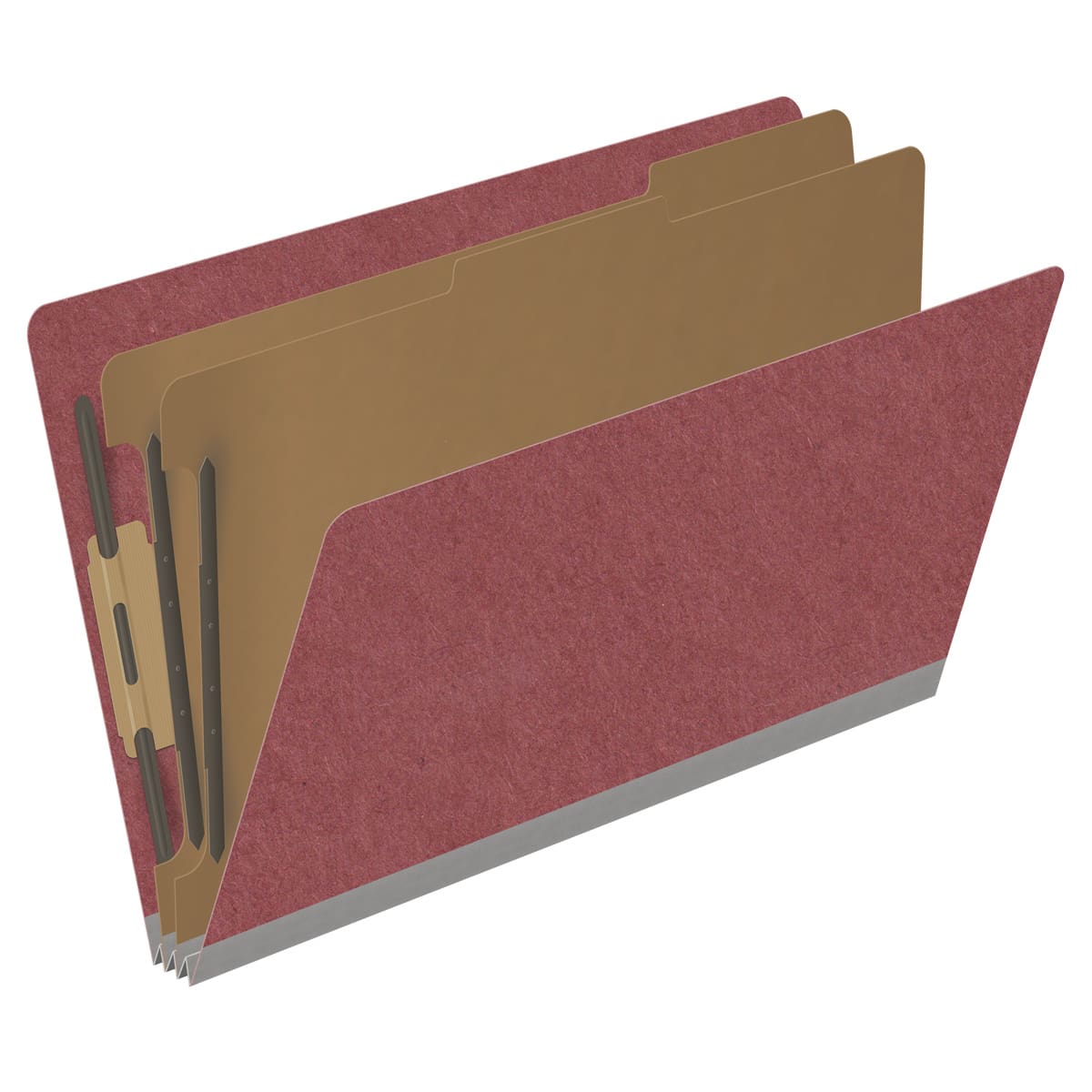 Dark Red Legal Size End Tab Two Divider Classification Folder with 2" Russet Brown Tyvek Expansion and 2" Fasteners in Positions 1 & 3 and 1" Duo Fasteners in Dividers - 25PT. Type 3 Pressboard - 10/Box